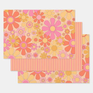 Groovy Retro Bloemen en Strepen Roze Geel Inpakpapier Vel