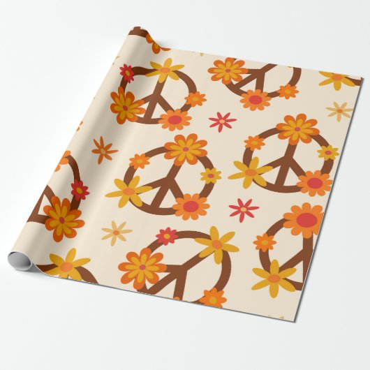 Groovy Retro Bloemen op Vrede en Liefde Borden Cadeaupapier (Uitgerold)