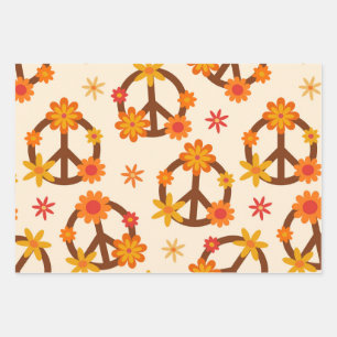 Groovy Retro Bloemen op Vrede en Liefde Borden  Inpakpapier Vel