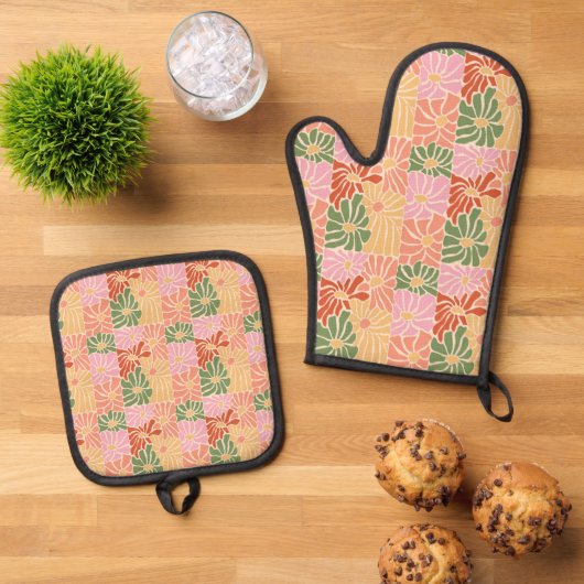 Groovy Retro Bloemen Ovenwant & Pannenlap Set (Top down)