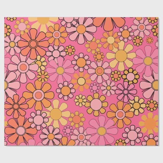 Groovy Retro Bloemen Patroon 60s 70s Roze Cadeaupapier (Vlak)