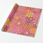 Groovy Retro Bloemen Patroon 60s 70s Roze Cadeaupapier (Uitgerold)