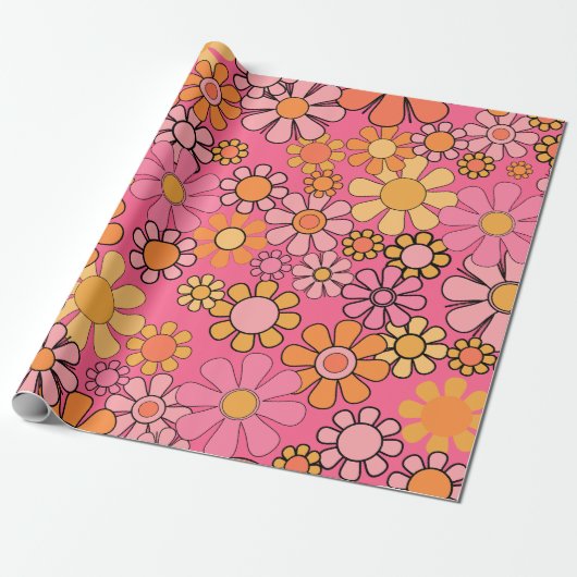 Groovy Retro Bloemen Patroon 60s 70s Roze Cadeaupapier (Uitgerold)