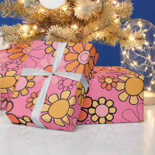 Groovy Retro Bloemen Patroon 60s 70s Roze grillig Cadeaupapier
