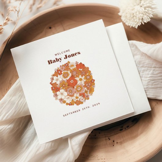 Groovy Retro Bloemen Roze Sinaasappel Baby shower Servet