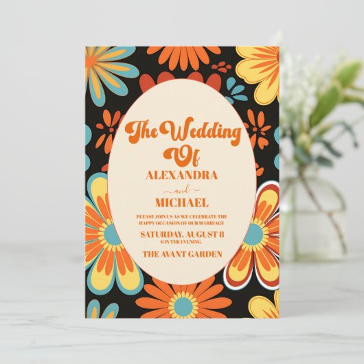 Groovy Retro Bloemenbruiloft Kaart (Staand voorkant)