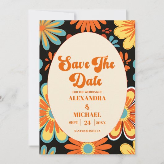 Groovy Retro Bloemenbruiloft Save The Date (Voorkant)