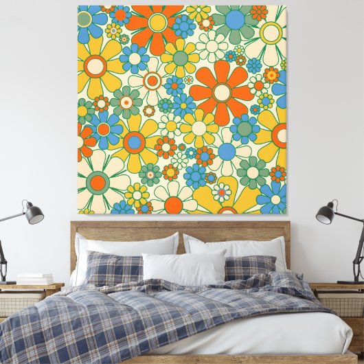 Groovy Retro Bloemendecor 60s 70s Patroon Canvas Afdruk (Insitu (Slaapkamer))