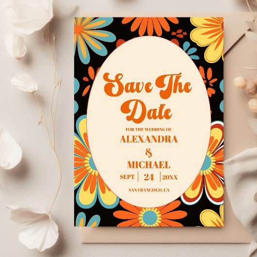 Groovy Retro Bloemige Bruiloft Save The Date