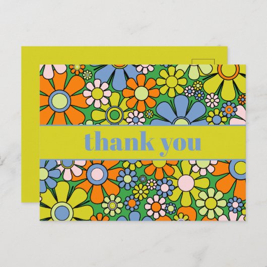 Groovy Retro Bloemrijke 60s 70s Bedankt Briefkaart (Voorkant / Achterkant)