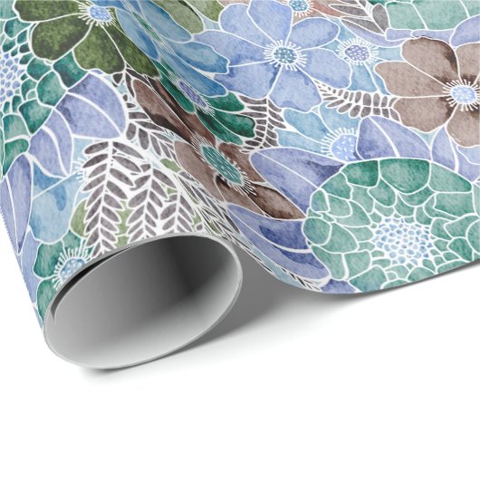 Groovy Retro Blue Protea en Daisy Pattern Cadeaupapier (Rol Hoek)