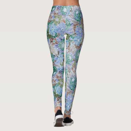 Groovy Retro Blue Protea en Daisy Pattern Leggings (Achterkant)