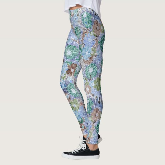Groovy Retro Blue Protea en Daisy Pattern Leggings (Links)
