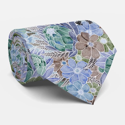 Groovy Retro Blue Protea en Daisy Pattern Stropdas (Opgerold)