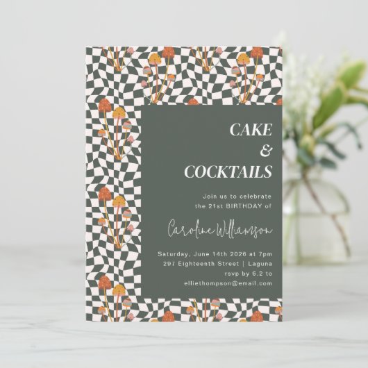 Groovy Retro Boho Checkerboard Birthday Party Kaart (Staand voorkant)