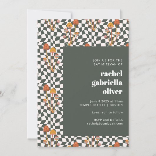 Groovy Retro Boho Green Checkerboard Bat Mitzvah Kaart (Voorkant)