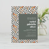 Groovy Retro Boho Green Checkerboard Bat Mitzvah Kaart (Staand voorkant)