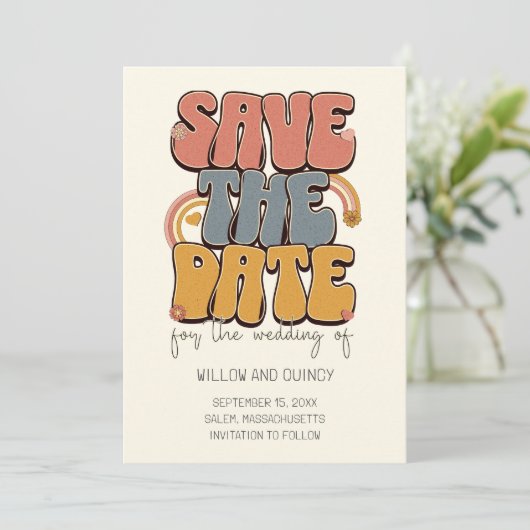 Groovy Retro Bruiloft Save The Date (Staand voorkant)