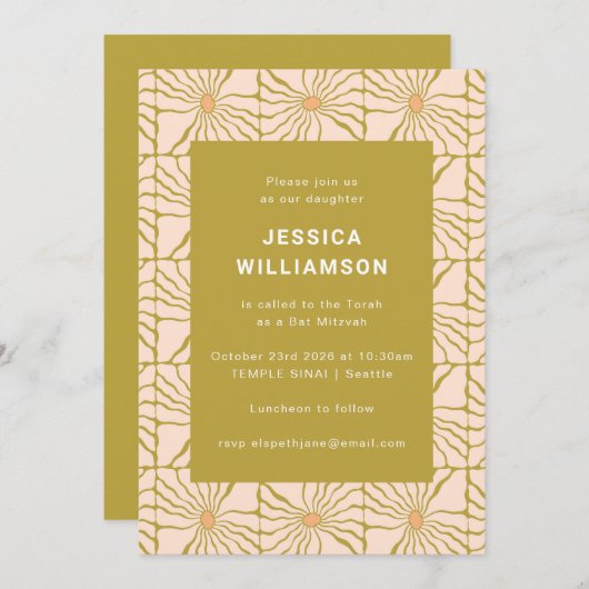 Groovy Retro Chartreuse botanische vlek Mitzvah Kaart (Voorkant / Achterkant)