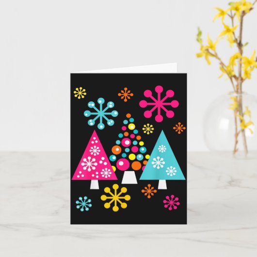 Groovy Retro Christmas Trees And Snowflakes Kaart (Gele Bloem)