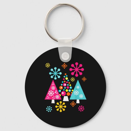 Groovy Retro Christmas Trees And Snowflakes  Sleutelhanger (Voorkant)