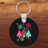 Groovy Retro Christmas Trees And Snowflakes  Sleutelhanger (Voorkant)