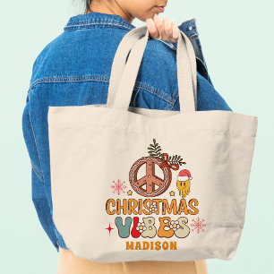 Groovy Retro Christmas Vibes Vredesbord Naam Grote Tote Bag