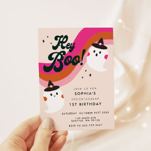 Groovy Retro Cute Geest Hey Boo 1e Verjaardag Kaart