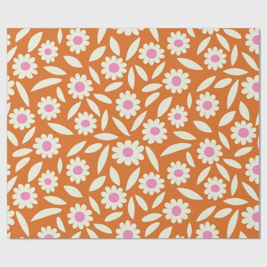Groovy Retro Daisies Floral Pattern op sinaasappel Cadeaupapier (Vlak)