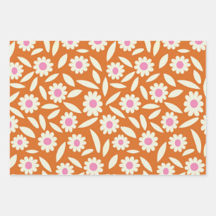 Groovy Retro Daisies Floral Pattern op sinaasappel Inpakpapier Vel