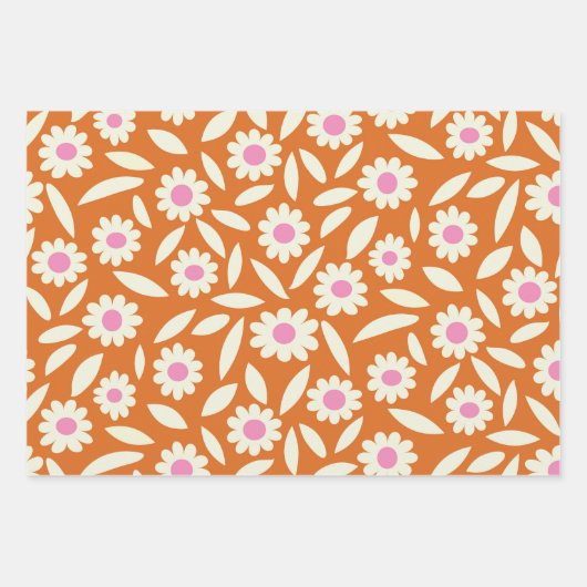 Groovy Retro Daisies Flowers Patroon op sinaasappe Inpakpapier Vel (Voorkant 3)