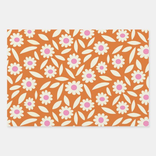 Groovy Retro Daisies Flowers Patroon op sinaasappe Inpakpapier Vel (Voorkant 2)