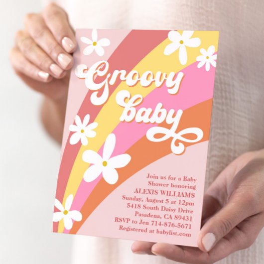 Groovy Retro Daisies Rainbow Baby shower Kaart