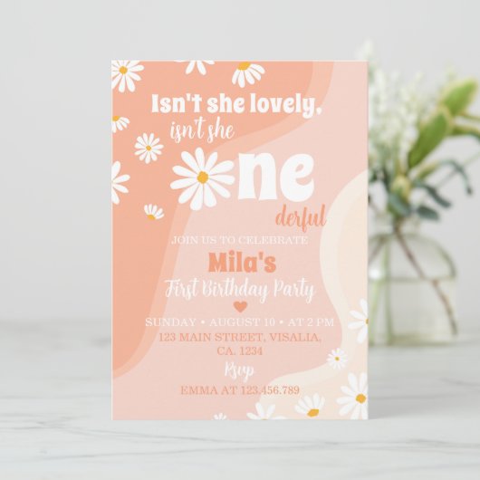 Groovy Retro Daisy 1e Verjaardag uitnodiging (Staand voorkant)