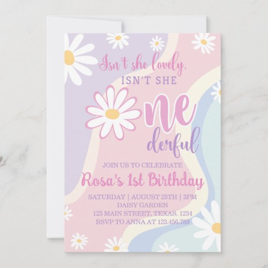 Groovy Retro Daisy 1e Verjaardag uitnodiging (Voorkant)