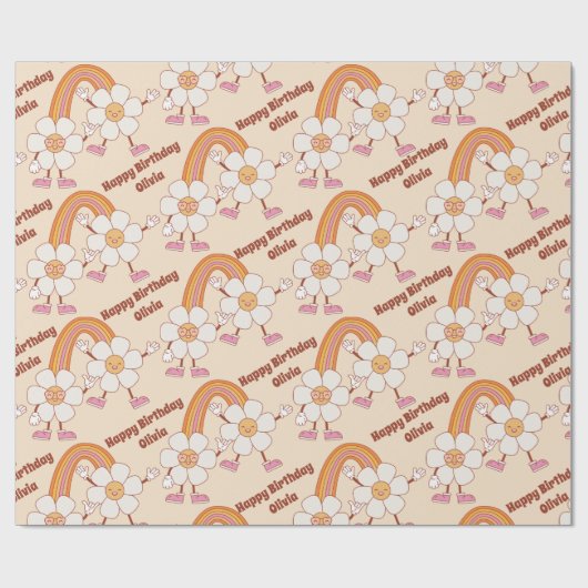 Groovy retro daisy boho rainbow gepersonaliseerde  cadeaupapier (Vlak)