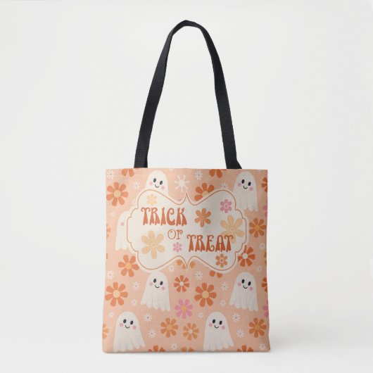 Groovy Retro Daisy Ghosts Peachy Trick or treat Tote Bag (Voorkant)
