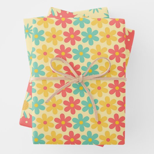 Groovy Retro Daisy in Geel blauw Inpakpapier Vel (In situ)