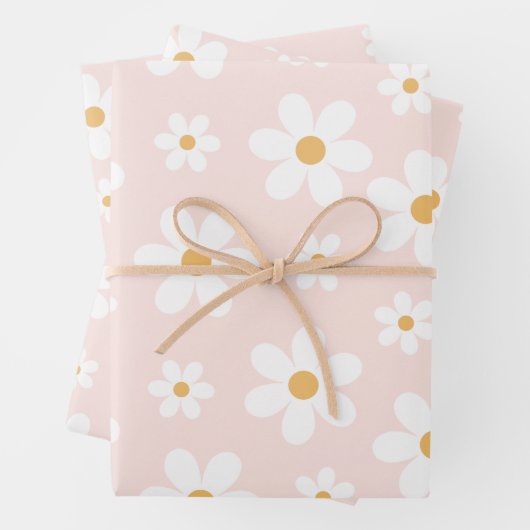 Groovy Retro Daisy Pink Inpakpapier Vel (In situ)