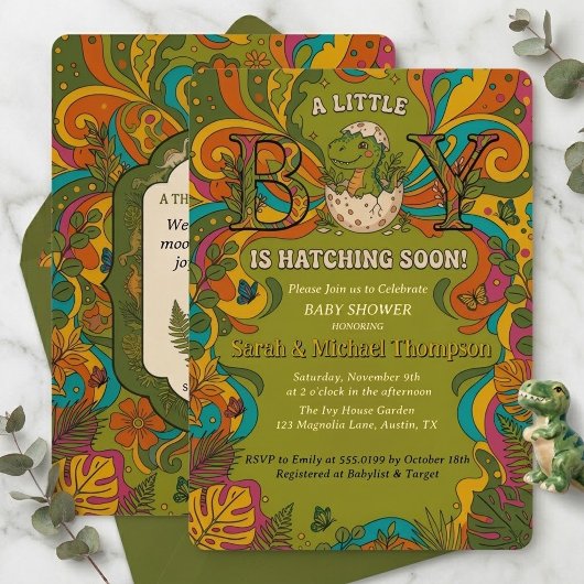 Groovy Retro Dinosaur Boy Baby Shower Uitnodiging