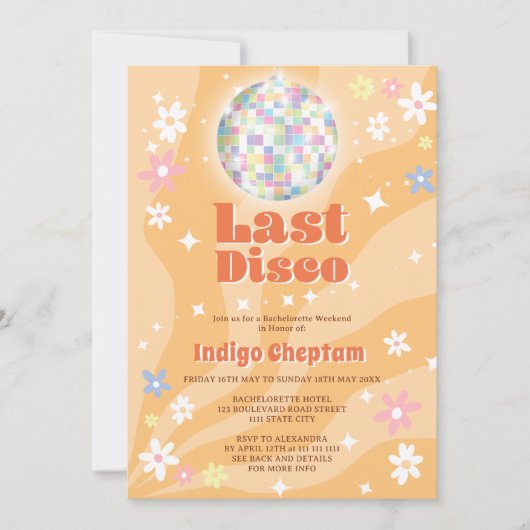 Groovy retro disco floral bachelorette weekend kaart (Voorkant)
