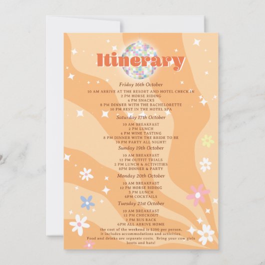 Groovy retro disco floral bachelorette weekend kaart (Achterkant)