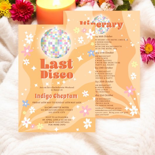 Groovy retro disco floral bachelorette weekend kaart