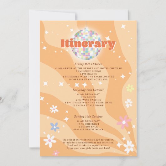 Groovy retro disco floral bachelorette weekend kaart (Achterkant)
