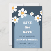Groovy Retro Dusty Blue Boho Arch & Daisy Pattern Save The Date (Voorkant)