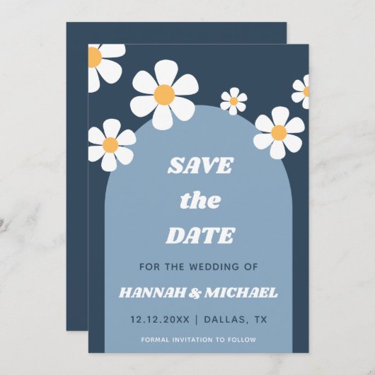 Groovy Retro Dusty Blue Boho Arch & Daisy Pattern Save The Date (Voorkant / Achterkant)