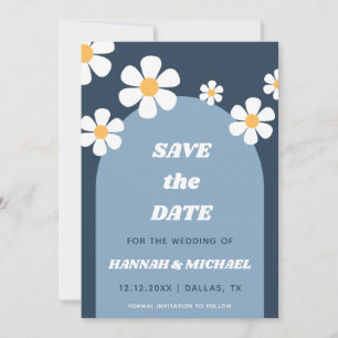 Groovy Retro Dusty Blue Boho Arch & Daisy Pattern Save The Date