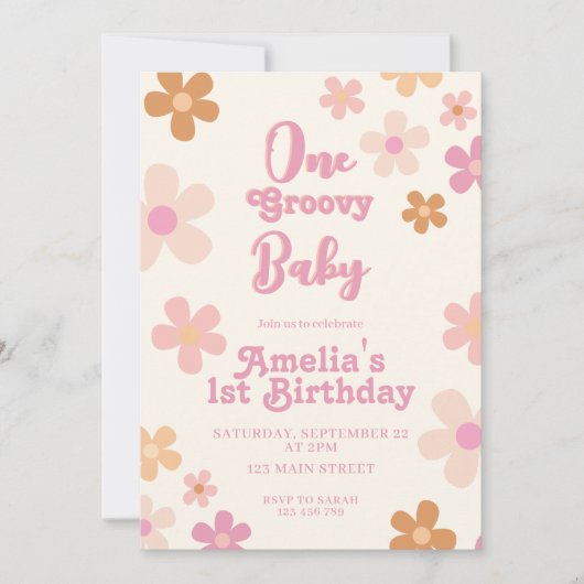 Groovy Retro Floral 1e verjaardag Kaart (Voorkant)