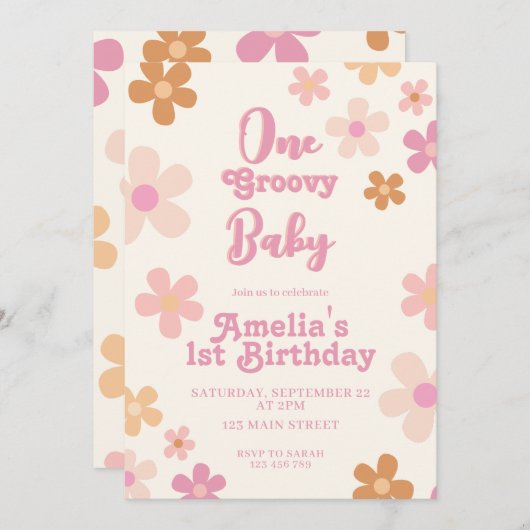 Groovy Retro Floral 1e verjaardag Kaart (Voorkant / Achterkant)