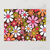 Groovy Retro Floral 60s 70s Flowers Pink en Brown